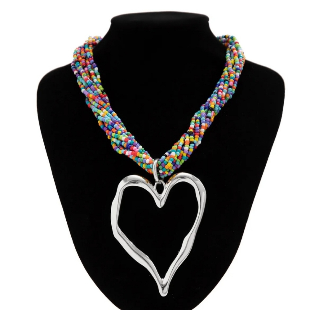 I'll Try & Restock Colorful Beaded Necklace with Silver Heart Pendant - Picture 3 of 8